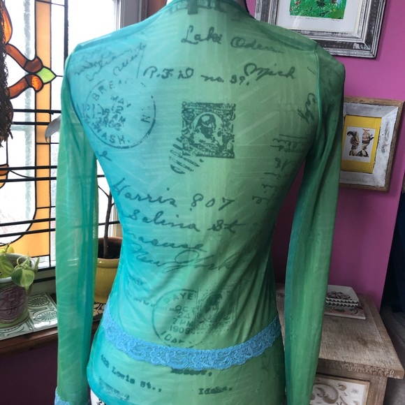 NWOT Sheer Turquoises/Aquamarine Long Sleeve Top with Beaded Accents - Picture 5 of 8